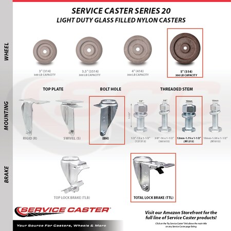 Service Caster 5 Inch High Temp Glass Filled Nylon 12mm Stem Caster with Total Lock Brake SCC SCC-TSTTL20S514-GFNSHT-M1215